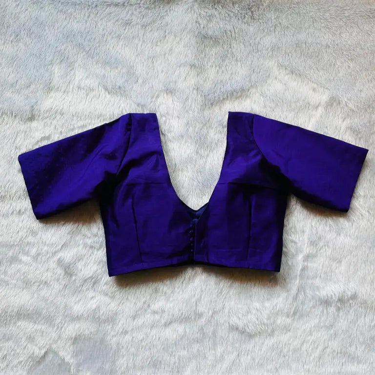 Royal Blue Deep V Neck with Red Piping and Back Potli Button Plain Raw Silk Blouse