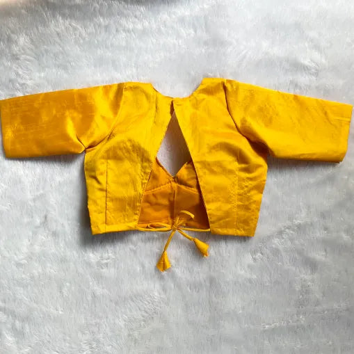 Yellow Deep V Neck and Back V Knot Plain Raw Silk Blouse