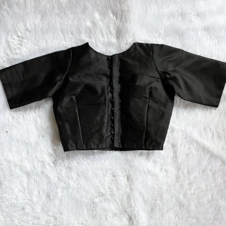 Black Deep V Neck and Back Full Potli Button Plain Raw Silk Blouse