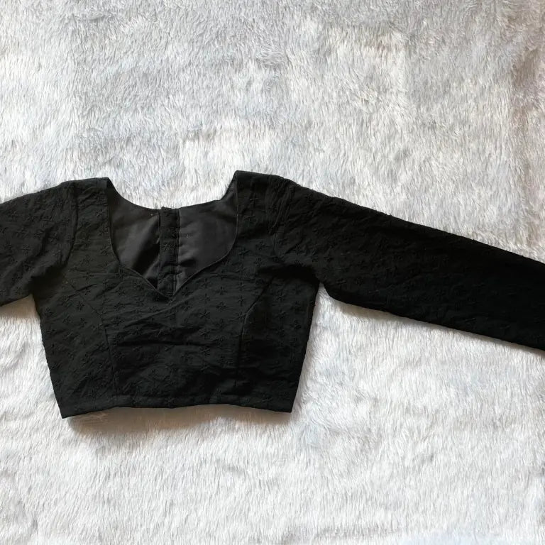 Black Chikan Embroidery Full Sleeves Back Knot Cotton Blouse