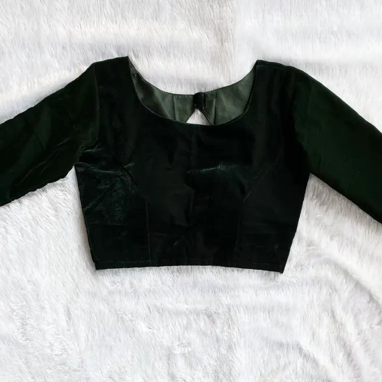 Bottle Green Bott Neck Full Sleeves Plain Velvet Blouse