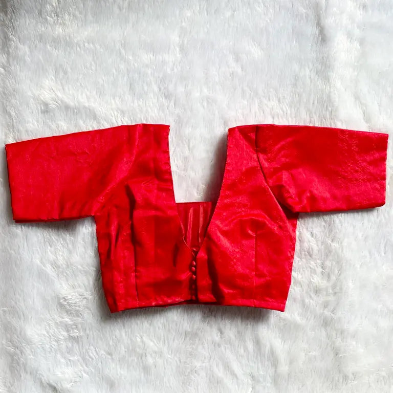 Red Square Neck Raw Silk Elbow Sleeves Blouse