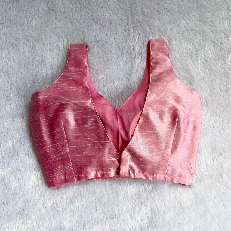 Baby Pink V Neck Plain Raw Silk Blouse