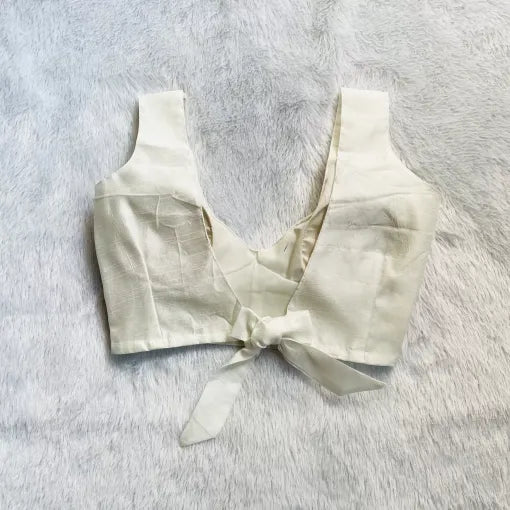 White Deep V Back Knot Raw Silk Cut Sleeves Blouse