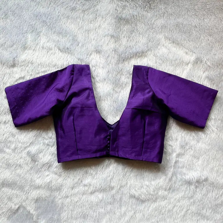 Purple Deep V Neck with Red Piping and Back Potli Button Plain Raw Silk Blouse