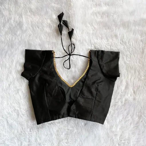 Black Deep V Neck and Back Tassel Plain Raw Silk Blouse