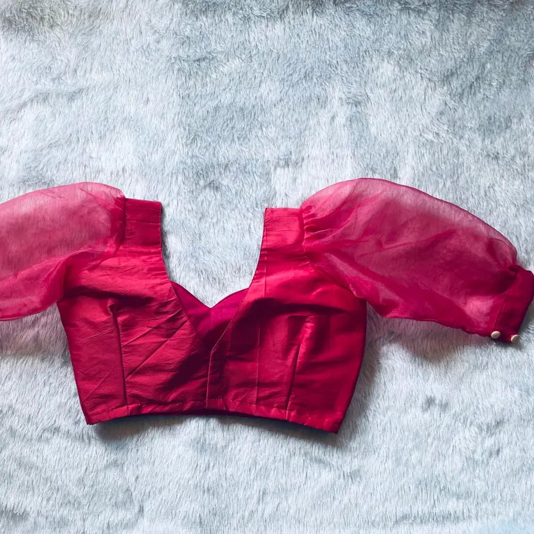 Wine Pink Raw Silk Organza Puff Sleeves Blouse