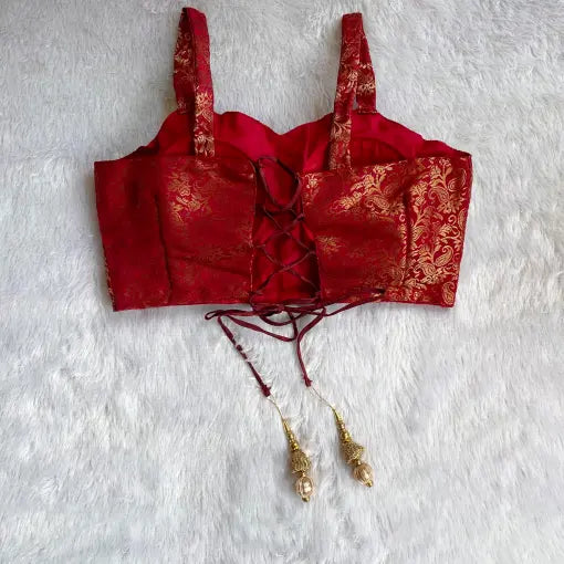 Maroon Criss Cross Tassel Brocade Blouse