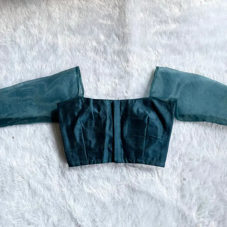 Teal Blue Puff Organza Sleeves Raw Silk Blouse
