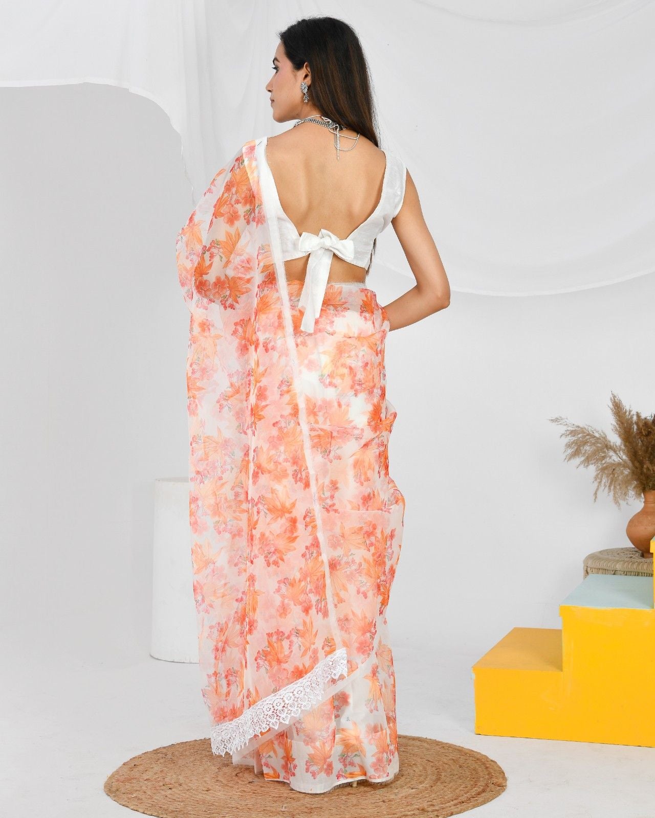White Orange Floral Organza Saree With White Blouse