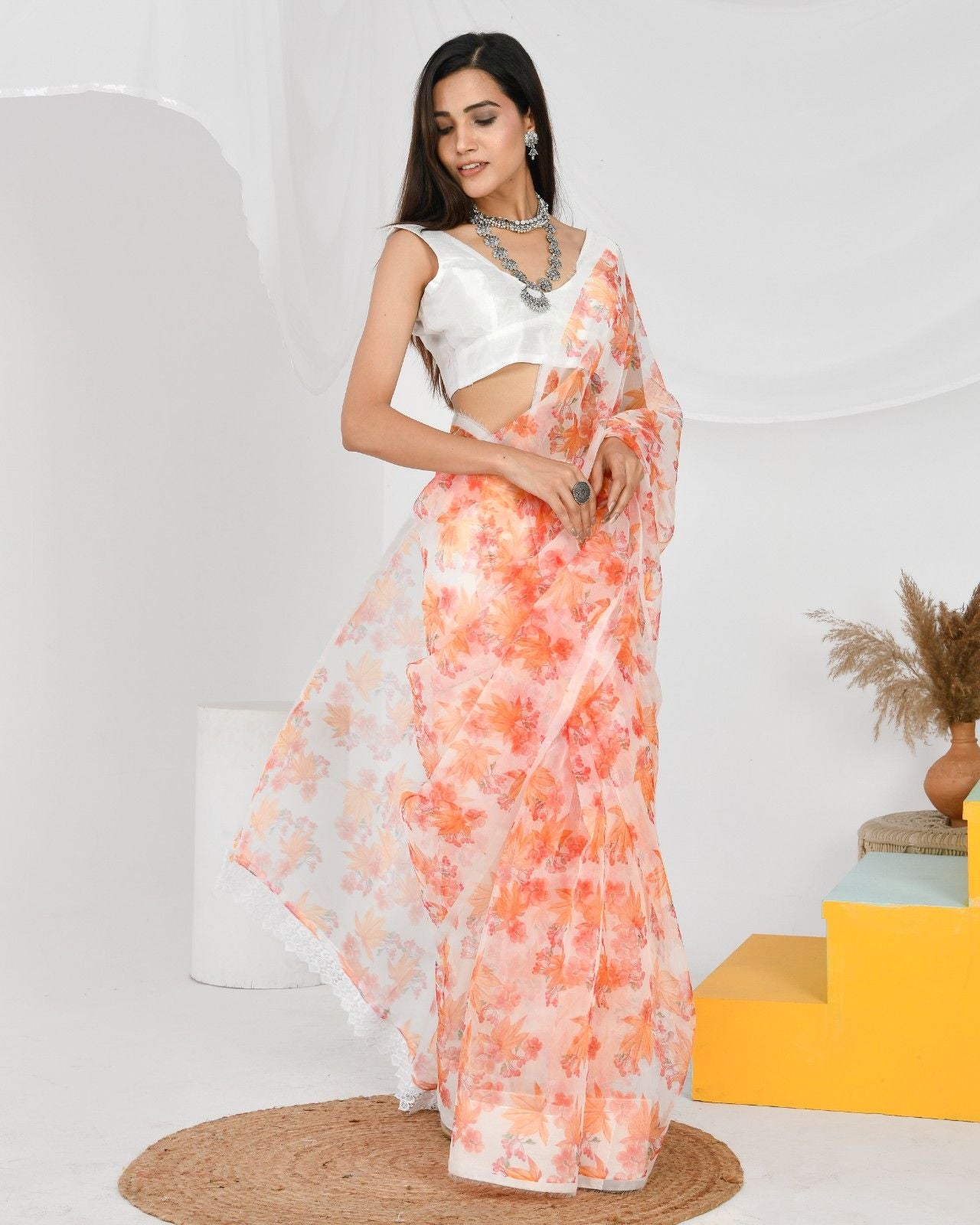 White Orange Floral Organza Saree With White Blouse