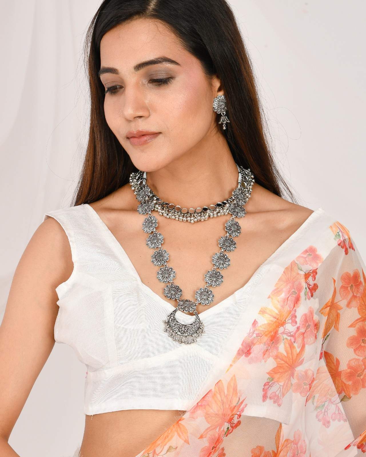 White Orange Floral Organza Saree With White Blouse
