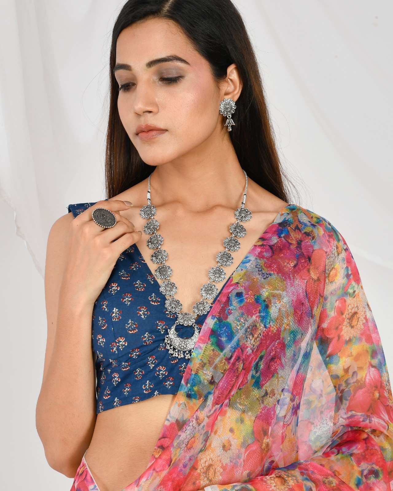 Multicolor Organza Saree With Blue Motif Blouse