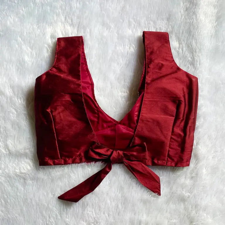 Maroon Deep V Neck and Back Knot Plain Raw Silk Blouse