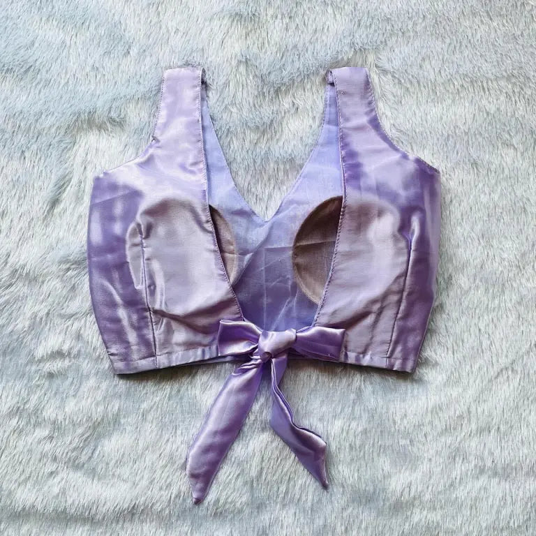 Lavender V Neck Back Knot Satin Blouse