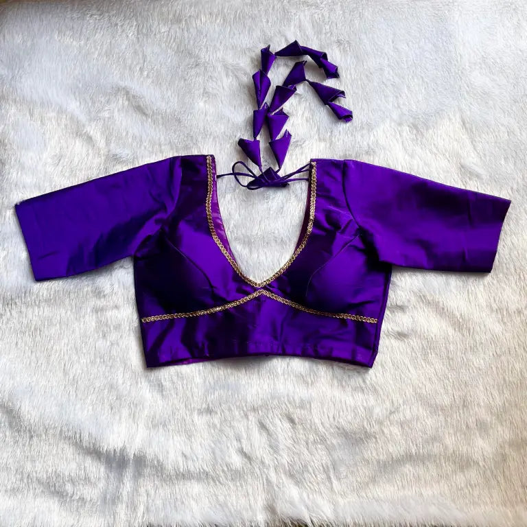 Purple Deep V Neck Heavy Tassel Raw Silk Blouse