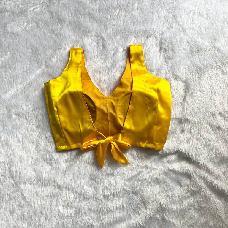 Yellow V Neck Back Knot Satin Blouse