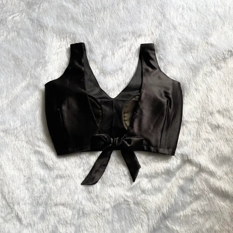 Black V Neck Back Knot Satin Blouse