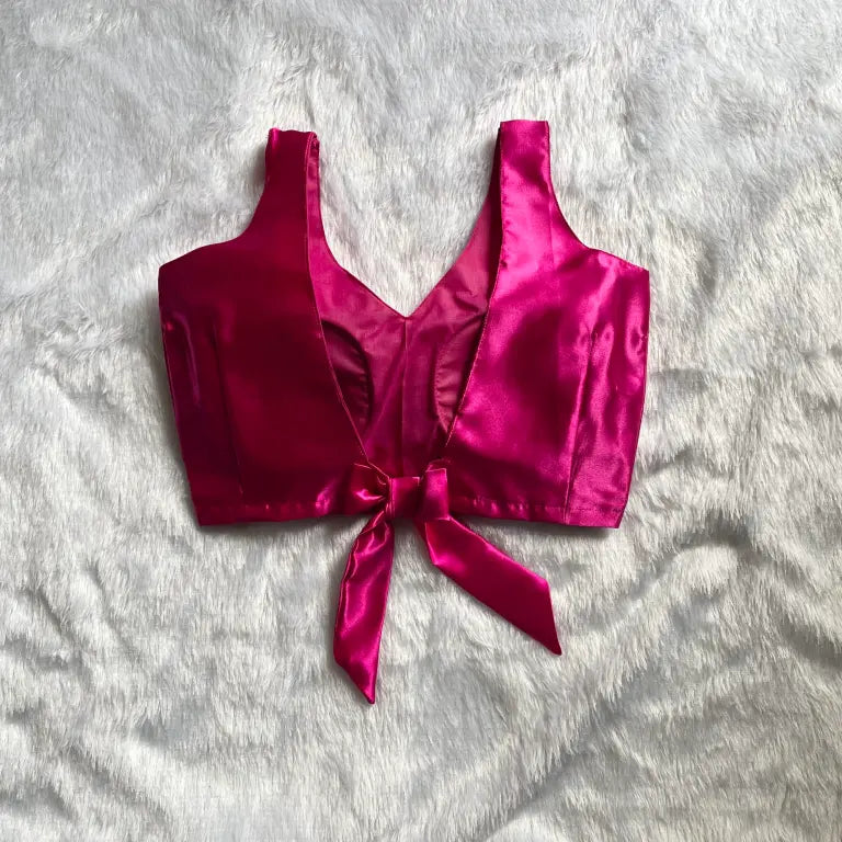 Pink V Neck Back Knot Satin Blouse