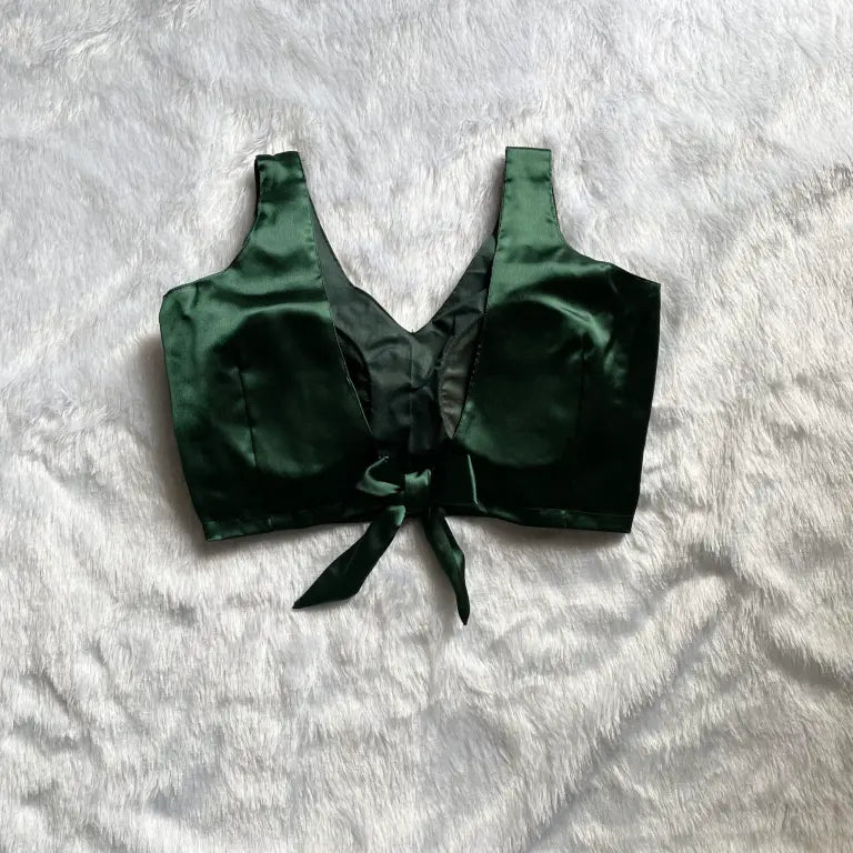 Green V Neck Back Knot Satin Blouse