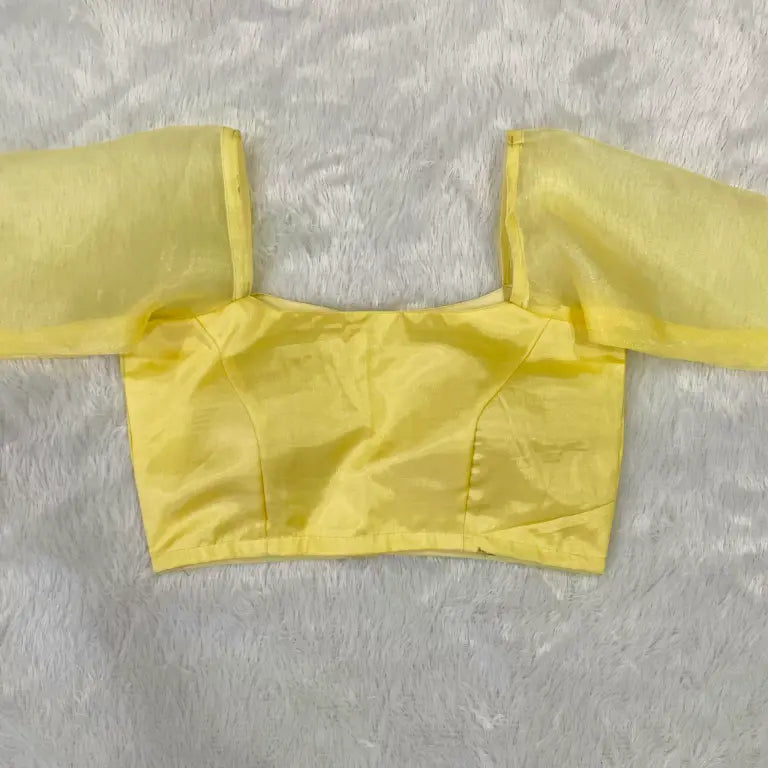 Baby Yellow Puff Organza Sleeves Raw Silk Blouse