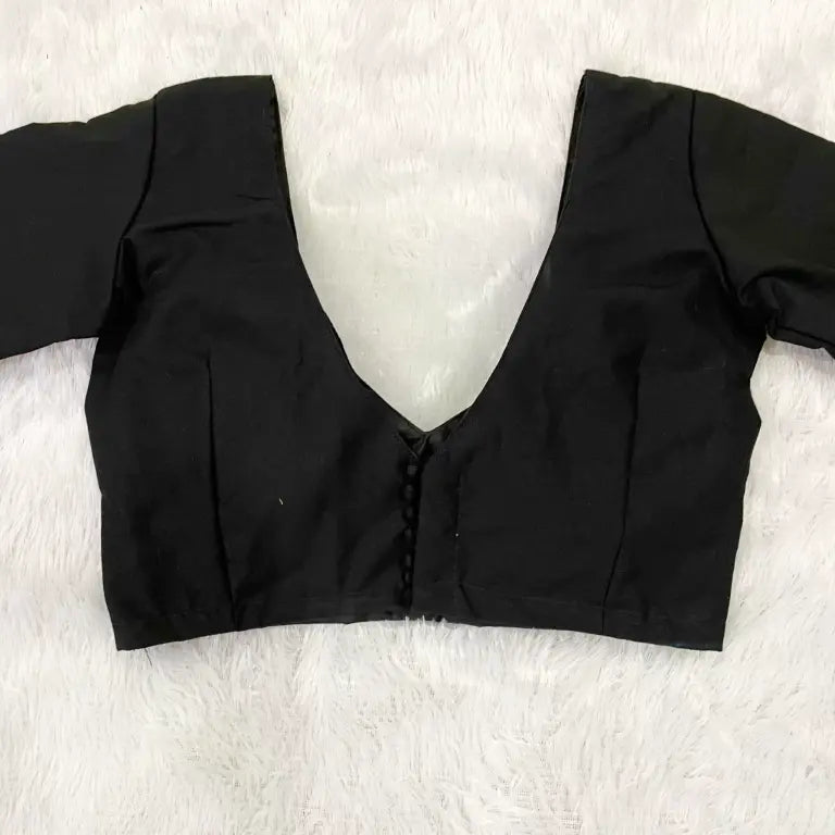 Black Deep V Neck and Back Potli Button Plain Cotton Blouse