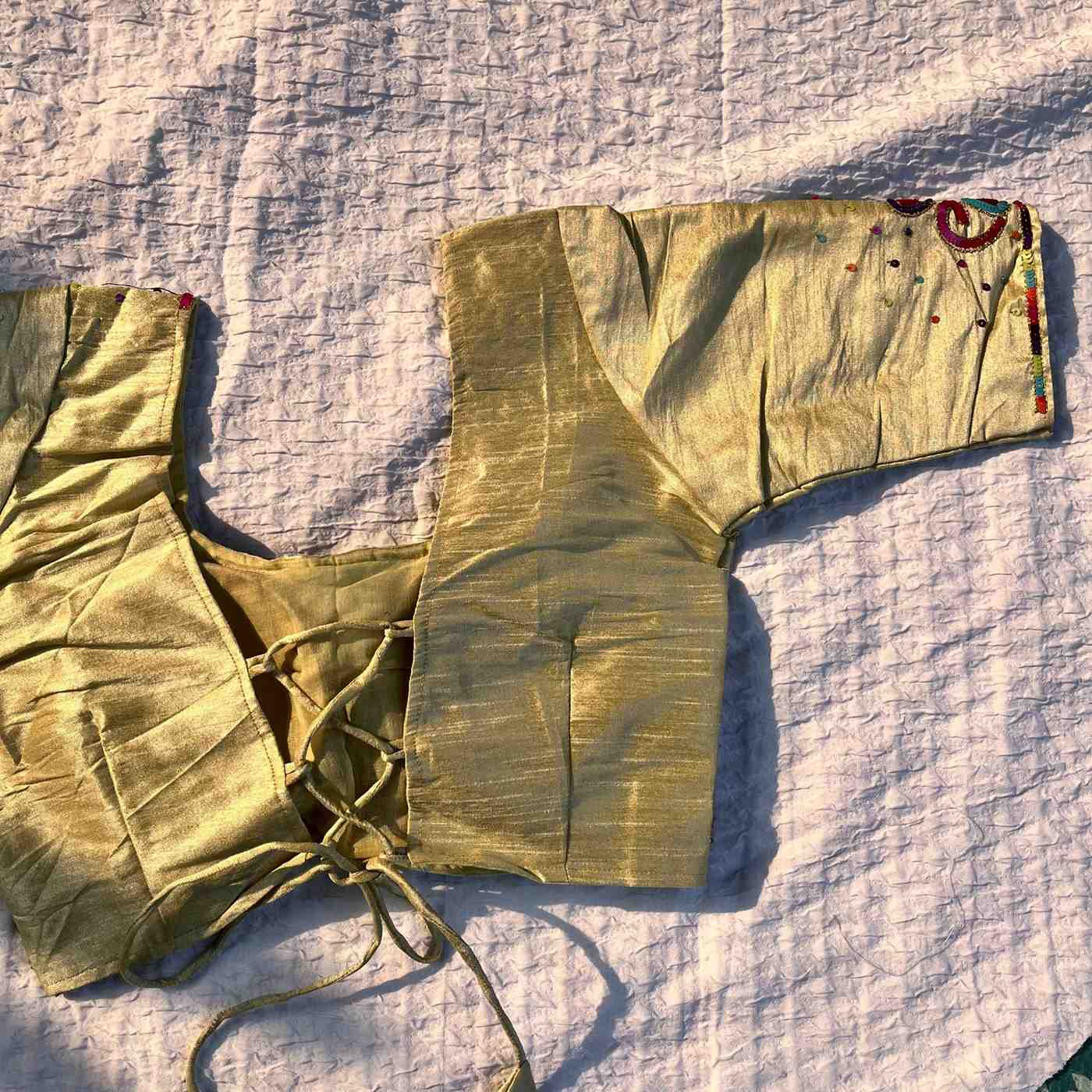 Pista Green Multicolor Sequin Embroidery Handwork Criss Cross Raw Silk Blouse - Fal3323