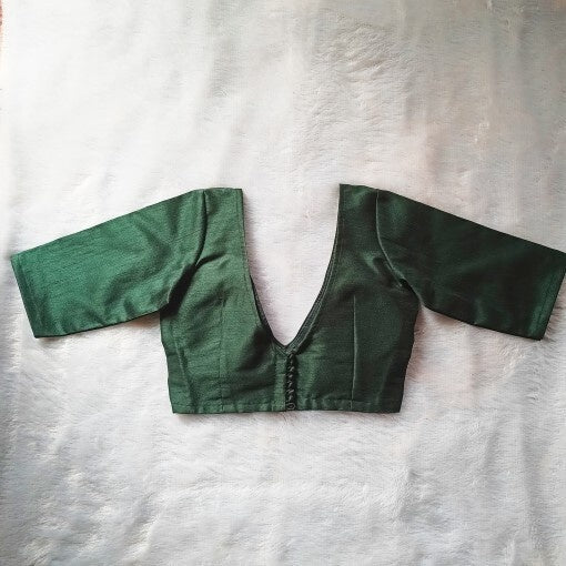 Bottle Green Deep V Neck and Back Potli Button Plain Raw Silk Blouse