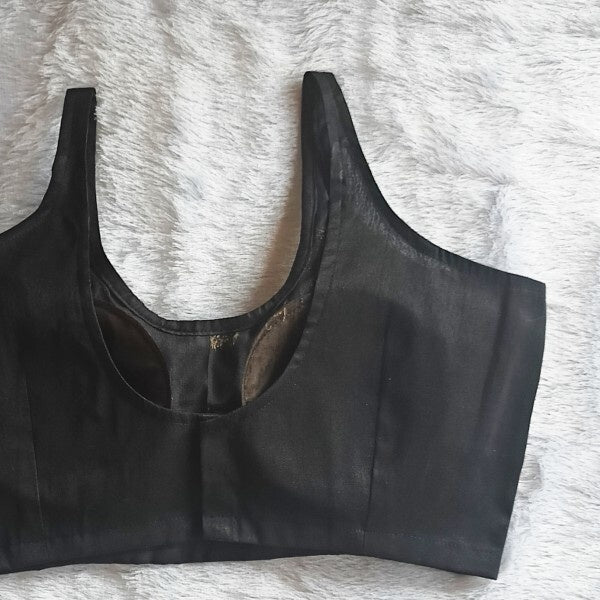 Black U Neck Plain Raw Silk Blouse