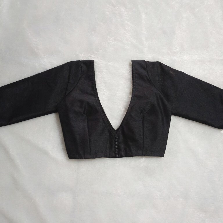 Black Deep V Neck and Back Potli Button Plain Raw Silk BlouseBlack Deep V Neck and Back Potli Button Plain Raw Silk Blouse