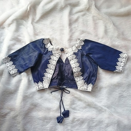 Navy Blue Chikan Lace V Neck and Back Knot Raw Silk Blouse