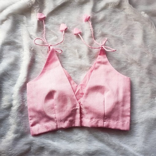 Baby Pink V Knot Neck Plain Raw Silk Blouse - Fal3034