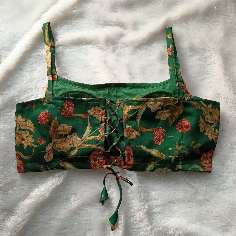 Bottle Green Floral Printed Criss Cross Chanderi Blouse