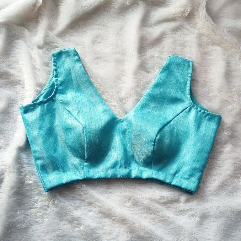 Light Blue Plain Raw Silk Blouse