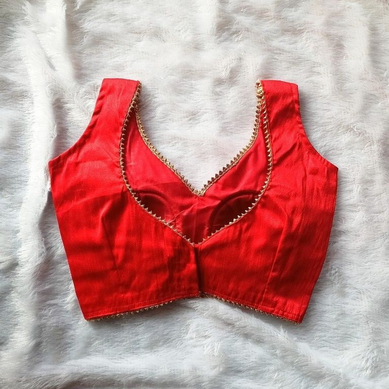 Red Leaf Neck Plain Raw Silk Blouse