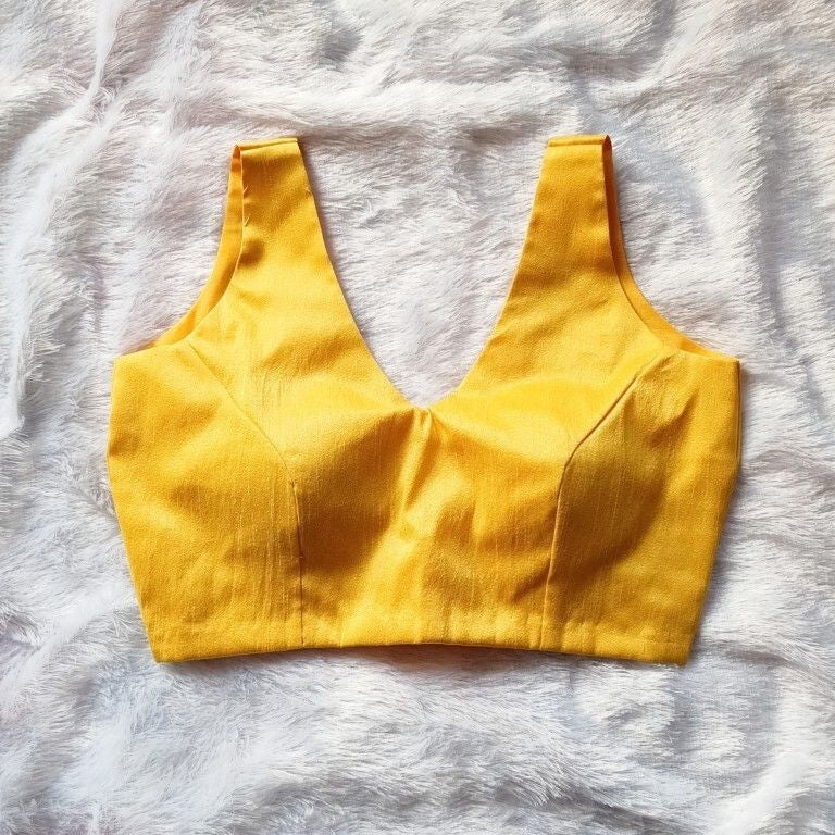 Yellow V Neck Plain Raw Silk Blouse