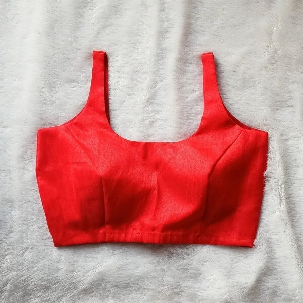 Red Round Neck Cut Sleeves Plain Raw Silk Blouse