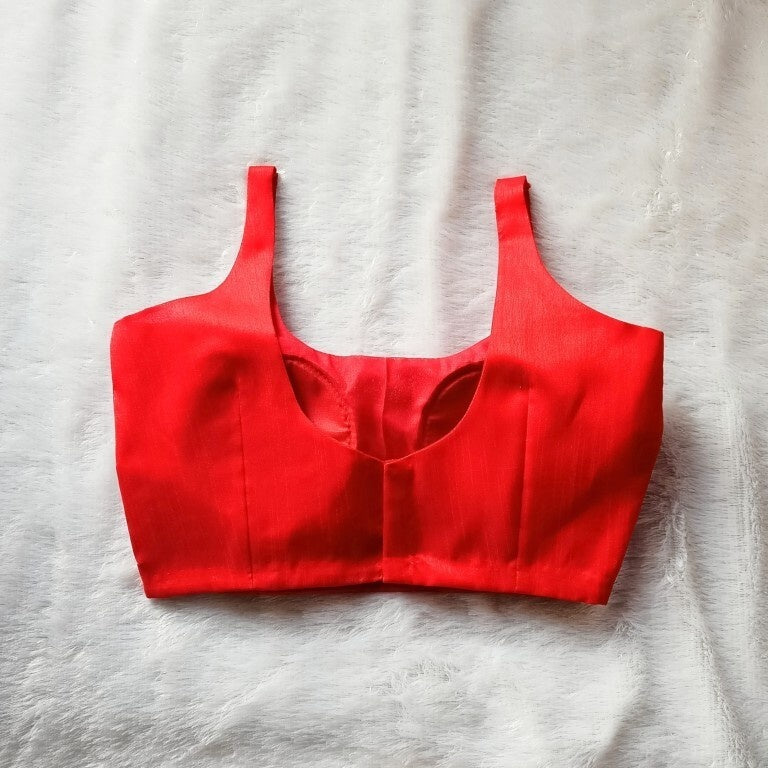 Red Round Neck Cut Sleeves Plain Raw Silk Blouse