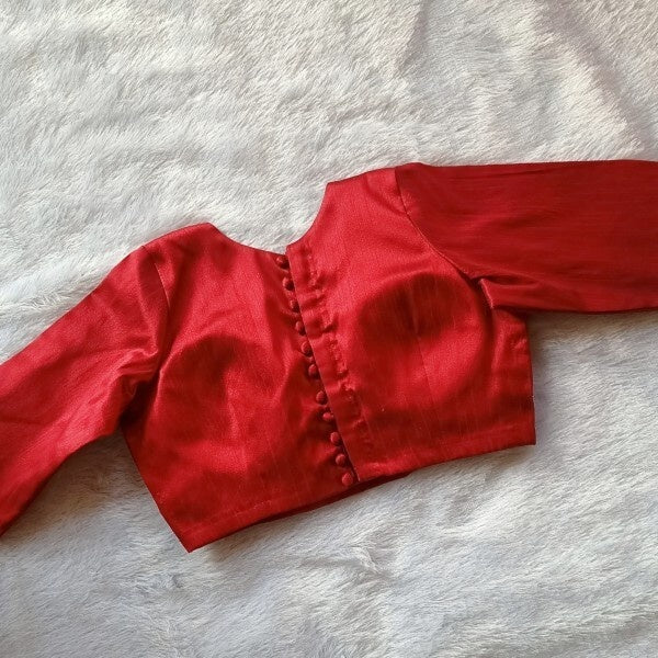 Maroon Deep V Neck and Back Full Potli Button Plain Raw Silk Blouse - Fal3019