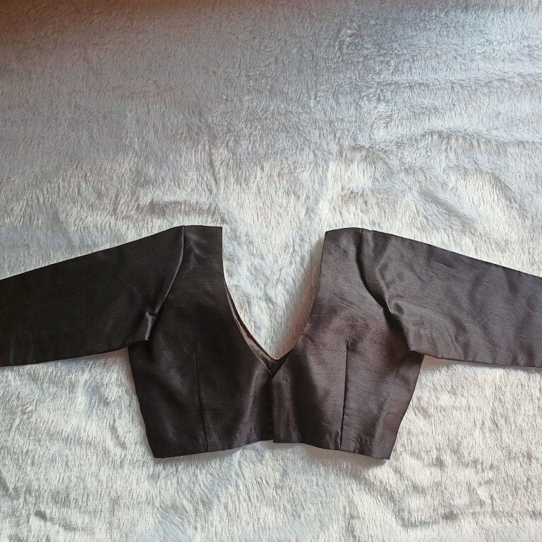 Black Deep V Neck and Back Potli Button Full Sleeves Plain Raw Silk Blouse - Fal3021