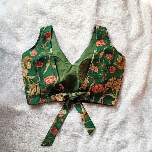 Green V Neck and Back Knot Plain Chanderi Blouse