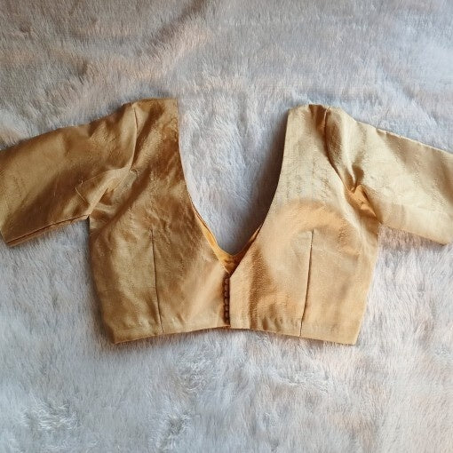 Golden Beige Deep V Neck and Back Potli Button Plain Raw Silk Blouse
