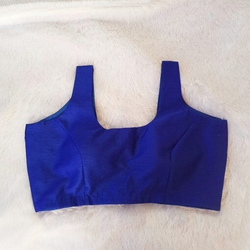 Royal Blue Round Neck Cut Sleeves Plain Raw Silk Blouse