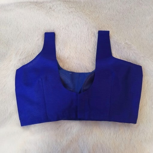 Royal Blue Round Neck Cut Sleeves Plain Raw Silk Blouse