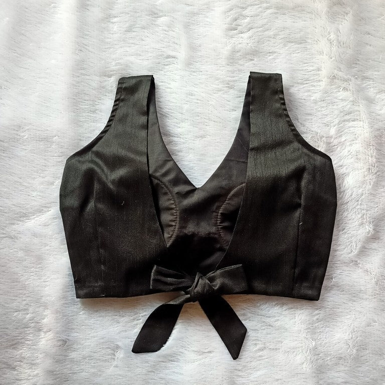 Black V Neck and Back Knot Plain Raw Silk Blouse