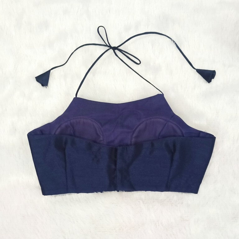 Navy Blue Halter Neck Plain Raw Silk Blouse