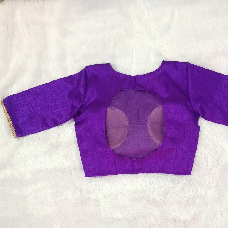 Purple Boat Neck and Round Back Plain Raw Silk Blouse