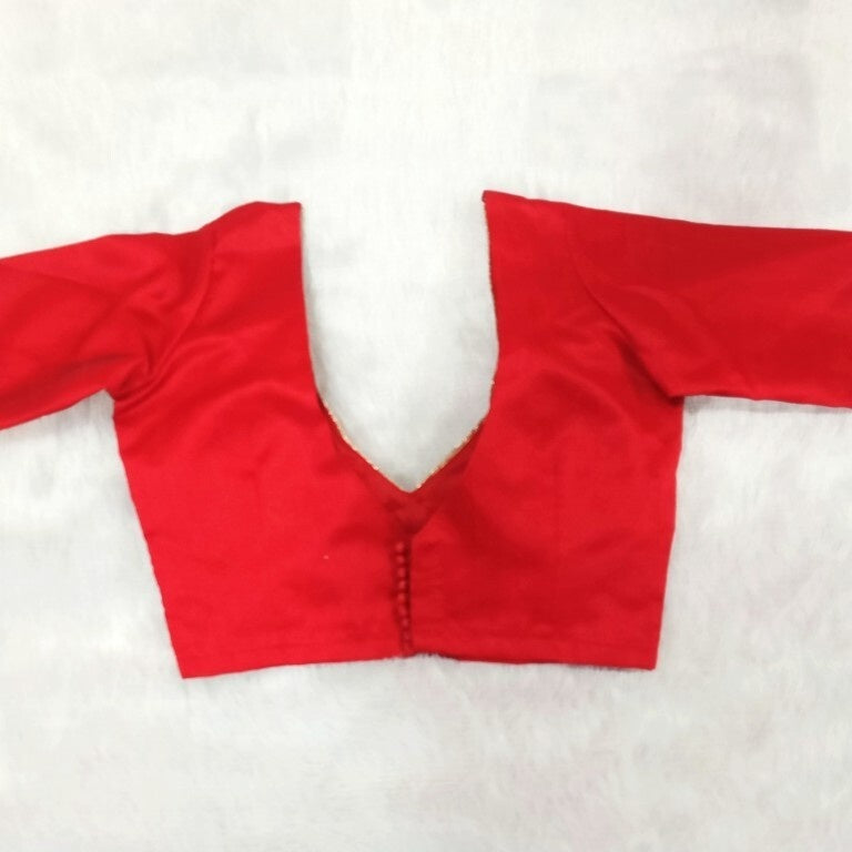 Red Deep V Neck and Back Potli Button Plain Raw Silk Blouse