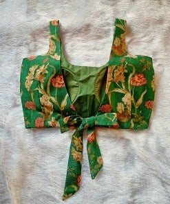 Green U Neck and Back Knot Plain Chanderi Blouse - Fal3024