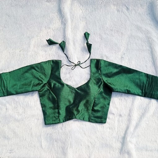 Bottle Green Tukki Full Sleeves Plain Raw Silk Blouse